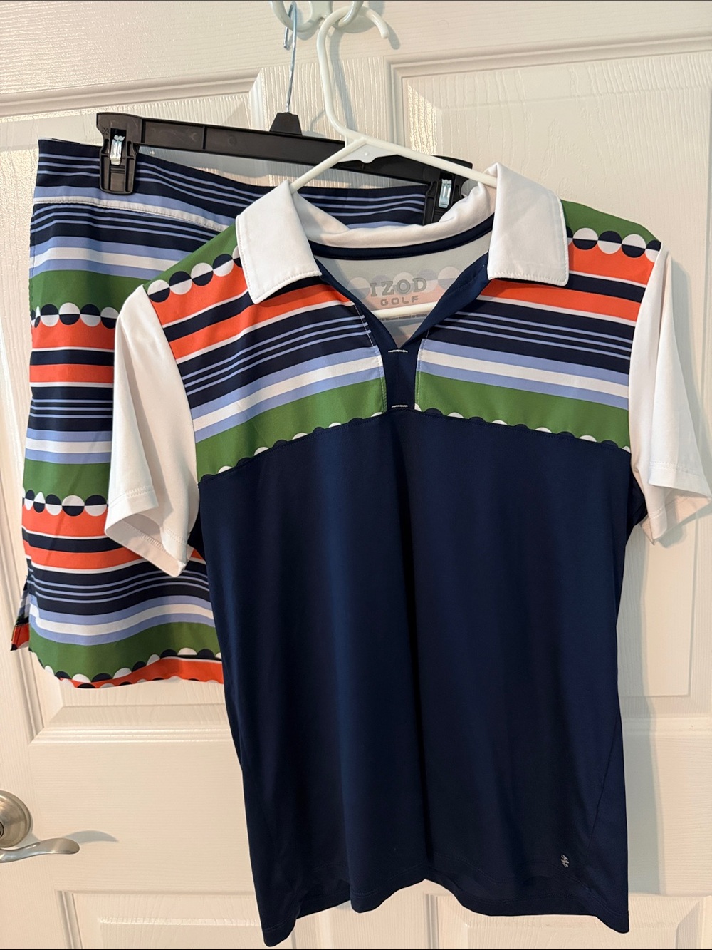 Izod Navy Polo with White Collar and Green, Orange & Light Blue Stripes & Skort